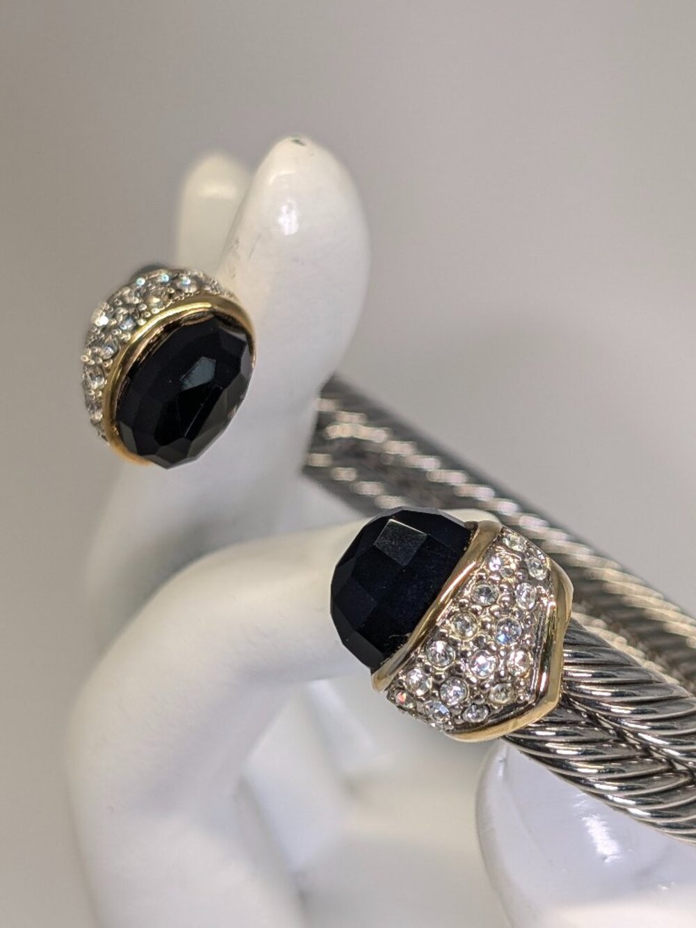 Two-Tone Twisted Cable Cuff Bracelet Black Stone Rhinestone Ends Price